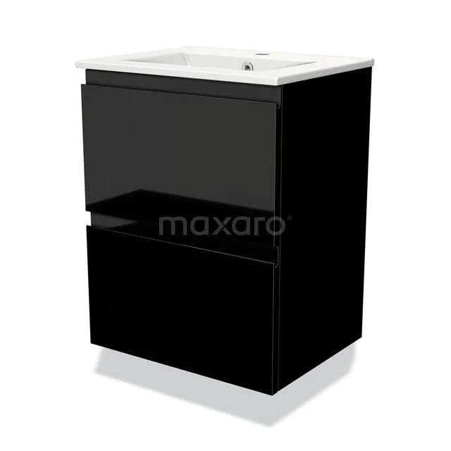 High-gloss black bathroom vanity unit with white basin, sleek design, two-piece and ideal for modern bathrooms.