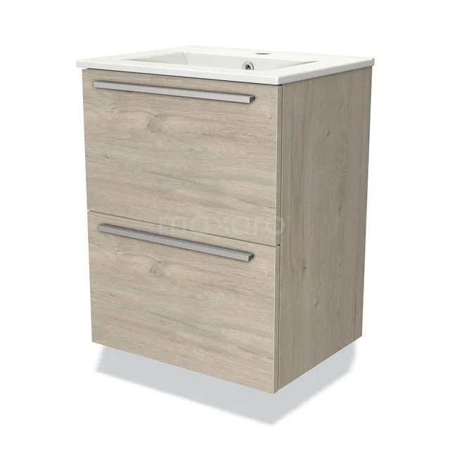 Holz Badezimmermöbel mit zwei Schubladen, rechteckiges Design, helle Eiche Oberfläche und weißem keramischen Waschbecken.