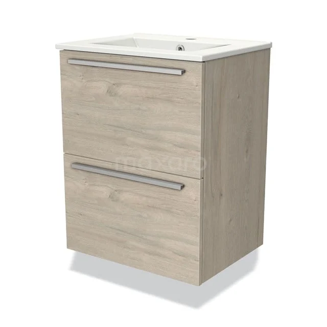 Holz Badezimmermöbel mit zwei Schubladen, rechteckiges Design, helle Eiche Oberfläche und weißem keramischen Waschbecken.