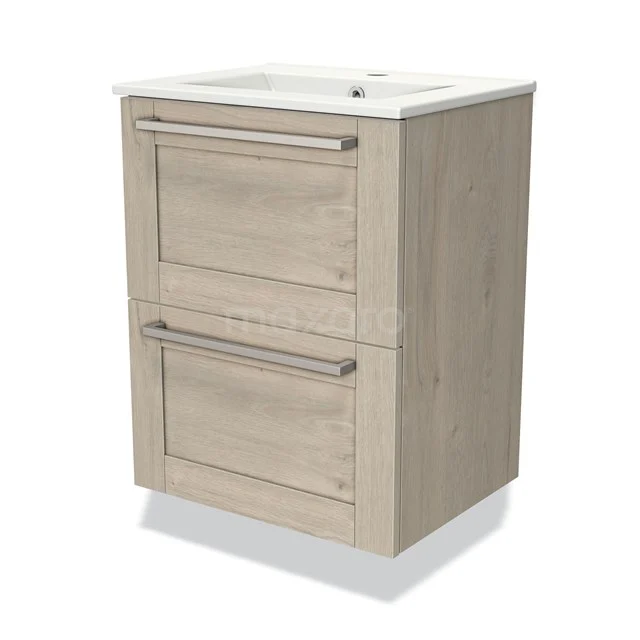 Wooden bathroom unit with two drawers, light oak look, including white ceramic basin for modern bathroom design.
