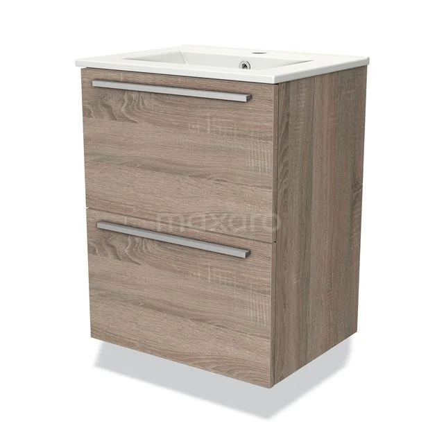 Wooden bathroom unit with two drawers, modern design, beige oak colour and white ceramic sink, ideal for stylish bathrooms.
