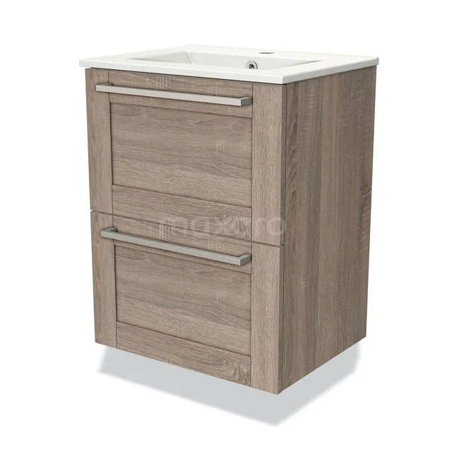 Badezimmermöbel Holzfurnier, 2 Schubladen mit metallischen Haltegriffen, kompaktes Design, einschließlich weißem keramischen Waschbecken.