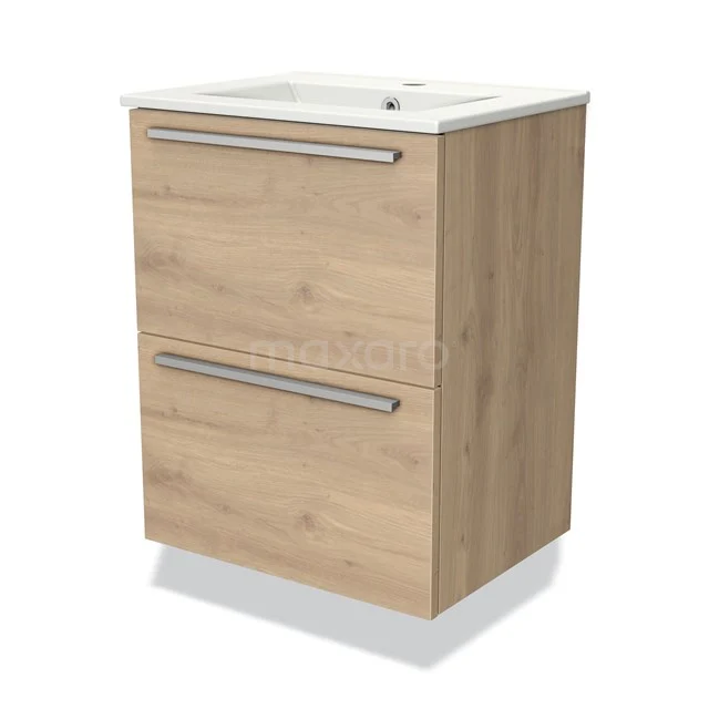 Hölzernes Badezimmermöbel mit zwei Schubladen, modernen Haltegriffen und weißem keramischen Waschbecken, ideal für stilvolle Bäder.