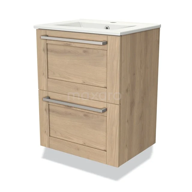 Modulo Slim Bathroom furniture with sink | 50 cm Light brown oak Bordered front Ceramic 2 Stacked drawers BMW37-00600 Wooden bathroom cabinet with two drawers, light oak, modern design, perfect for storage space in a stylish bathroom.