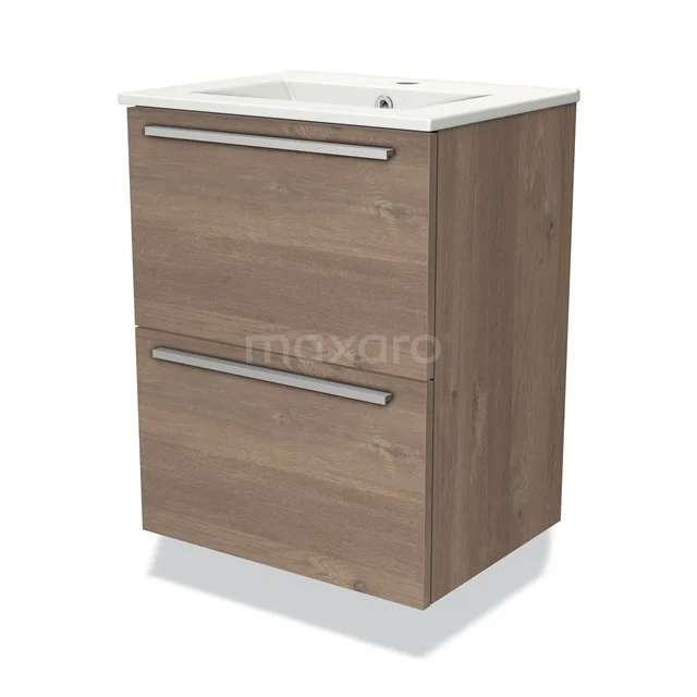 Modulo Slim Vanity units with basin | 50 cm Mid brown oak Flat front Ceramic 2 Stacked drawers BMW37-00601