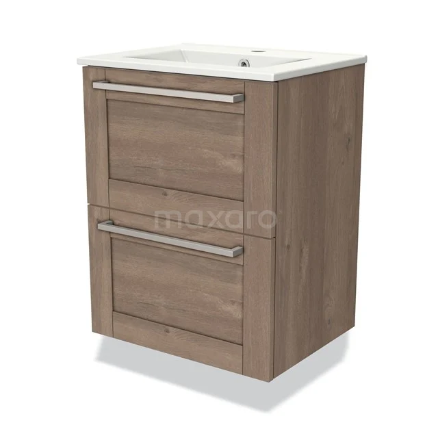 Holz-Badmöbel mit zwei Schubladen und weißem Waschbecken, kompaktes Design und ideal für moderne Badezimmerlagerung.