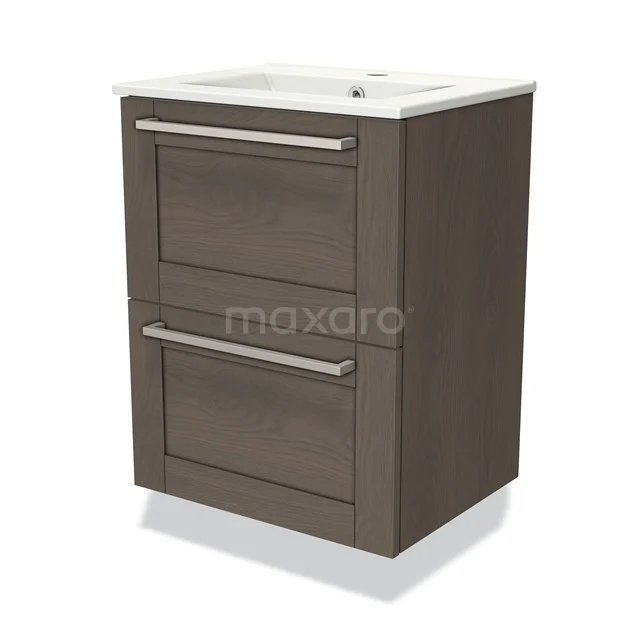 Wooden Bathroom unit with two drawers, brown oak look, ceramic basin, modern design for stylish bathrooms.