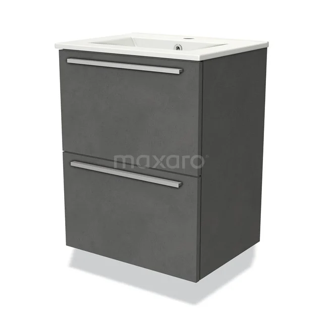 Grey bathroom cabinet with two drawers, matt surface and ceramic basin; modern design for stylish bathroom storage.