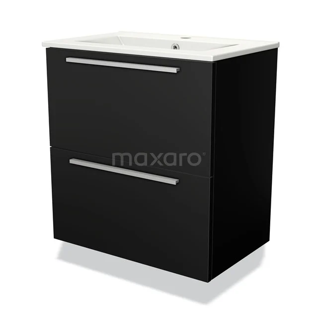 Zwarte badkamermeubel met twee laden, strak design, inclusief witte wastafel, perfect voor moderne badkamers.