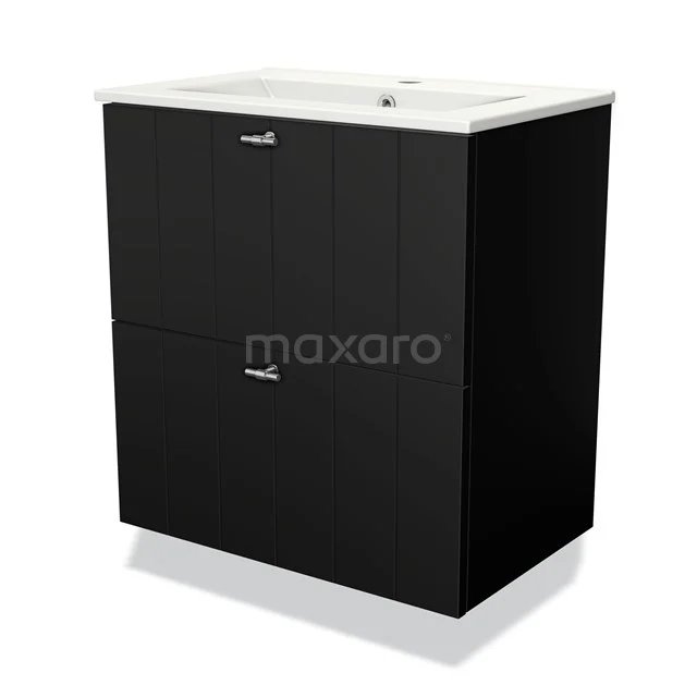 Zwarte wastafelmeubel met twee lades, modern design, keramische wastafel, ideaal voor een stijlvolle badkamerrenovatie.