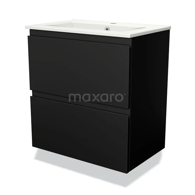 Black bathroom cabinet with two drawers, matte finish and integrated white basin; modern and compact design.