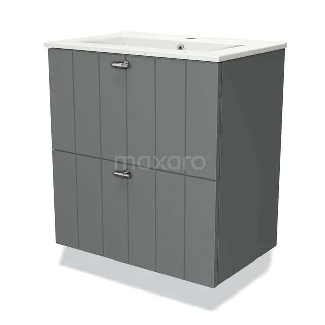 Grey wooden bathroom furniture set with two drawers and built-in basin, ideal for modern bathroom design.