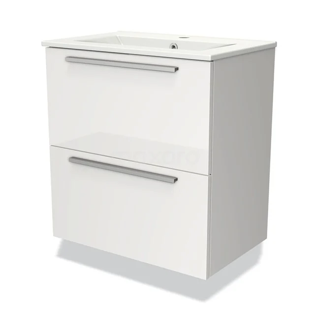 Weißes Badezimmermöbel mit zwei Schubladen und integriertem Waschbecken, modernes Design, ideal für kompakte Bäder.