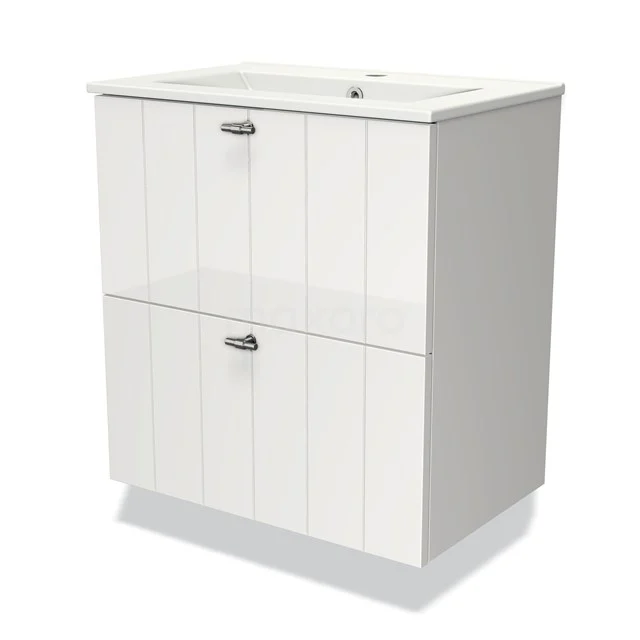 Weißes Badezimmermöbel mit doppelter Schublade, vertikalen Linien, porzellan Waschbecken, modernes Design, ideal für kompakte Bäder.