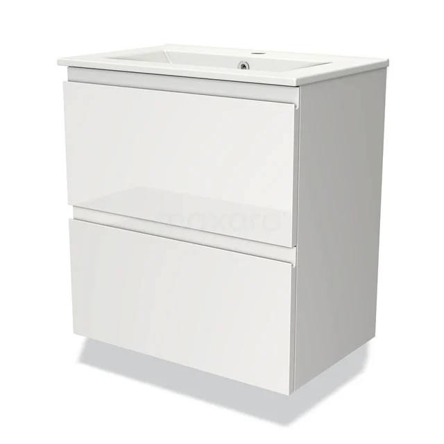 Weißer Badschrank mit zwei Schubladen, Hochglanz-Finish und integriertem Waschbecken für stilvolles Verstauen.