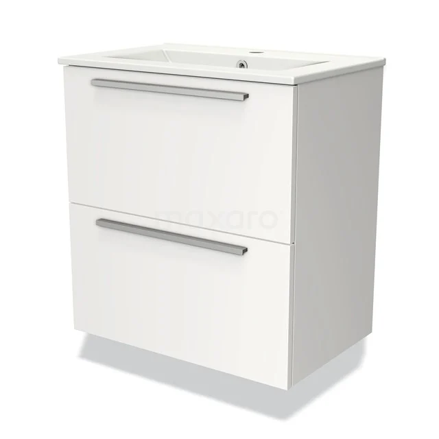 Wit badkamermeubel met twee lades, strakke zilveren handgrepen en keramische wastafel, perfect voor moderne badkamers.