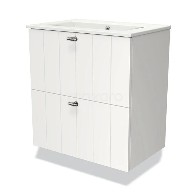 Wit badkamermeubel met twee greeplades, houtlook panelen en geïntegreerde wastafel; compact ontwerp voor kleine badkamers.