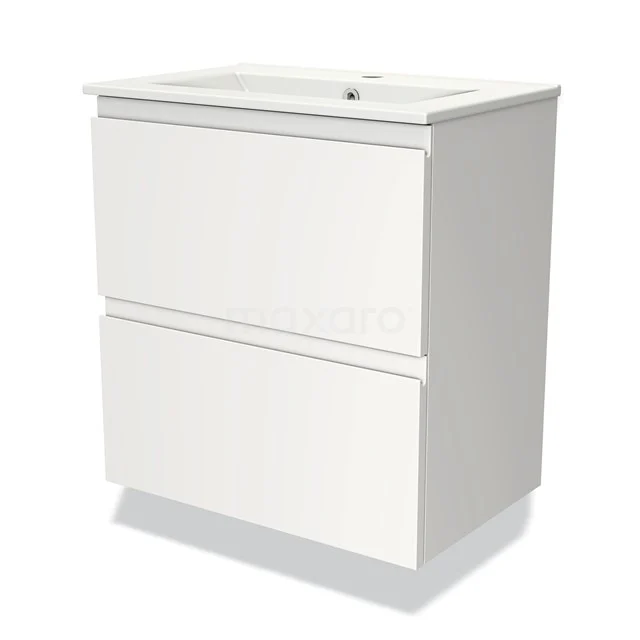 Wit badkamermeubel met dubbele lades, modern design, voorzien van keramische wastafel. Compact en stijlvol.