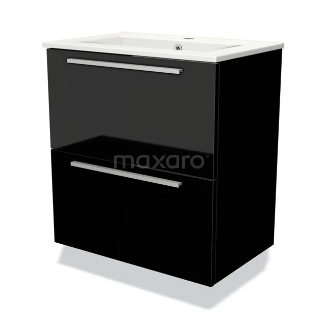 Zwarte badkamermeubelset met twee lades en wit wastafelblad, modern design en glanzende afwerking.