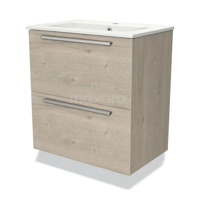 Houten badkamermeubel met twee lades, modern design, licht eiken afwerking, inclusief ingebouwde wastafel.