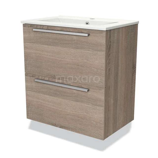 Wooden bathroom unit with two drawers, modern design, light oak finish and integrated vanity units with basin.