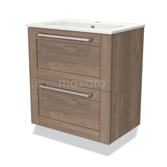 Houten badkamermeubel met twee lades, moderne uitvoering, inclusief witte wastafel; ideaal voor stijlvolle badkameropslag.