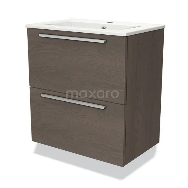Modern badkamermeubel met twee lades, houtlook bruin, witte keramische wastafel; ideaal voor een stijlvolle badkamer.