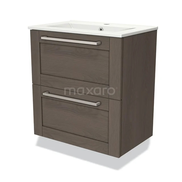 Modulo Slim Bathroom furniture with sink | 60 cm Dark brown oak Bordered front Ceramic 2 Stacked drawers BMW37-00636 Brown Bathroom unit with two drawers, white vanity units with basin, modern handles, wood-look design, ideal for compact bathrooms.