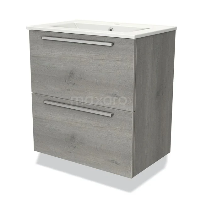 Grijze badkamerkast met twee lades, houtlook afwerking en geïntegreerde wastafel, modern design voor compacte badkamers.
