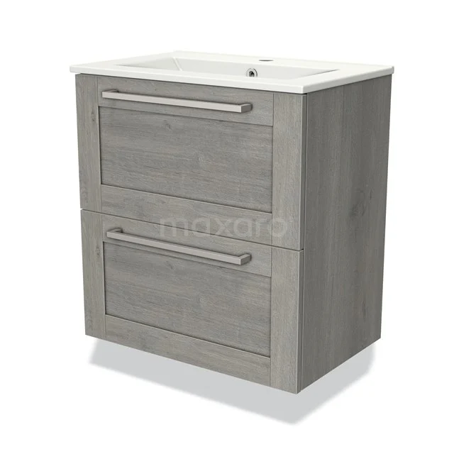 Grijze badkamerkast met 2 lades en witte wastafel, moderne houtlook afwerking, ideaal voor compacte badkameropslag.