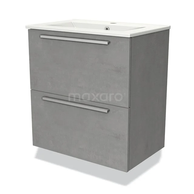 Grijze badkamermeubelset met twee lades, modern design in betonlook, voorzien van witte wastafel van keramiek.