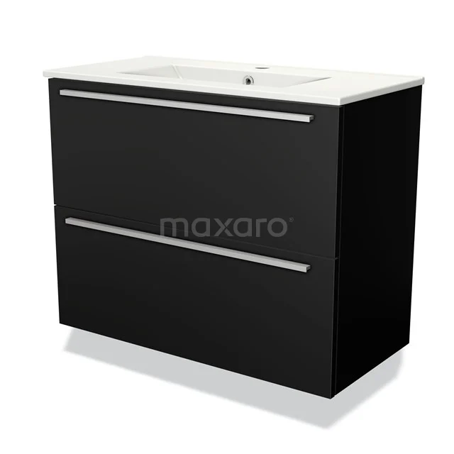 Zwart badkamermeubel met twee lades, strakke metalen grepen en een witte wastafel, ideaal voor moderne badkamerinrichtingen.