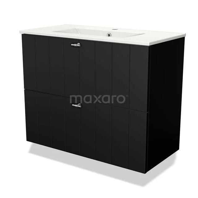 Zwarte badkamermeubelset met twee lades, wit keramisch wastafelblad, modern design; ideaal voor optimale badkameropslag.