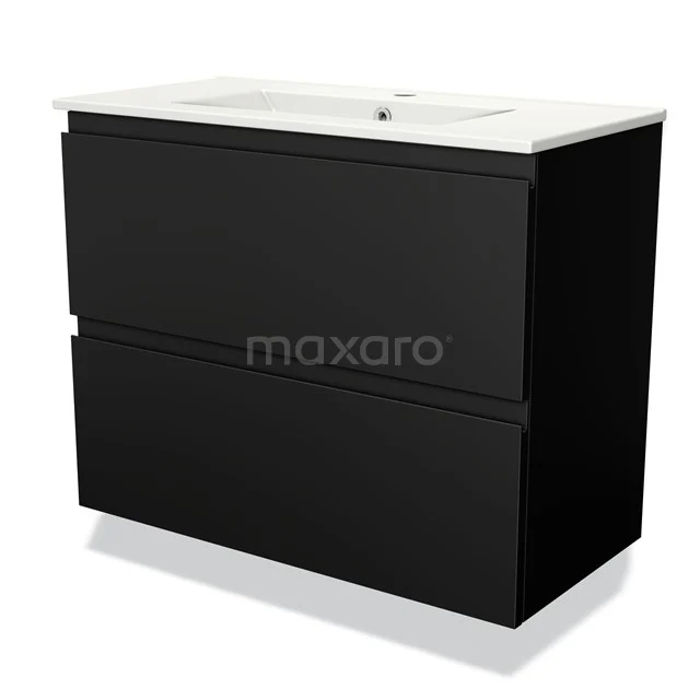 Schwarz Holz Badezimmermöbel mit zwei Schubladen und weißem Waschbecken, modernes Design ideal für stilvolle Badezimmergestaltung.