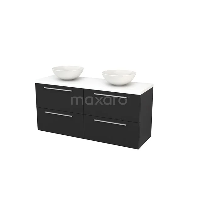 Black bathroom furniture set with double countertop wash basins, white worktop and sleek black metal handles. Modern design, ideal for the bathroom.