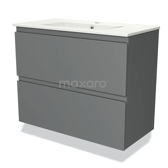 Modulo Slim Vanity units with basin | 80 cm Mid grey Handle-less front Ceramic 2 Stacked drawers BMW37-00646 Grey bathroom furniture set with double drawers, matte finish and integrated ceramic basin.