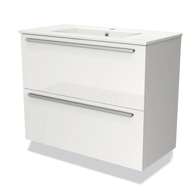 Wit badkamermeubel met twee lades en geïntegreerde wastafel, modern design, ideaal voor stijlvolle badkameropslag.