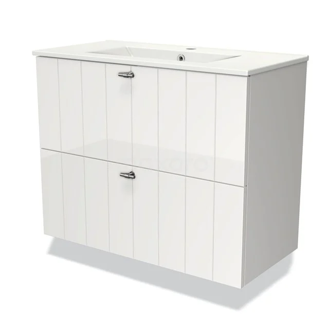 Wit houten badkamermeubel met dubbele lades en ingebouwde wastafel, ideaal voor een stijlvolle en georganiseerde badkamer.