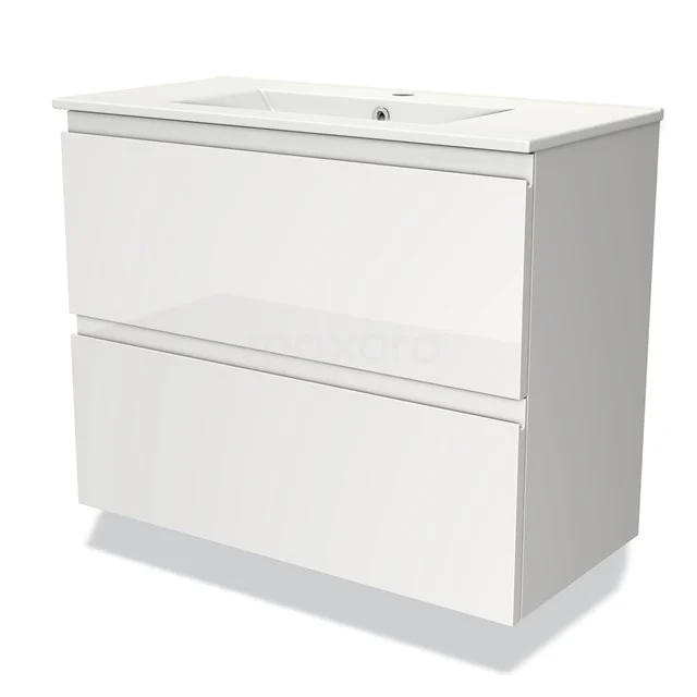 Weißes Badezimmermöbel mit zwei Softclose-Schubladen und keramischem Waschbecken, schnittiges und modernes Design für einen frischen Badezimmerstil.