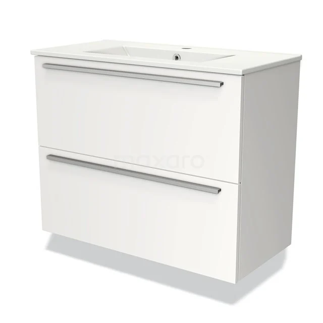 Witte badkamermeubel met twee lades en keramische wastafel, strak design, ideaal voor moderne badkameropslag.
