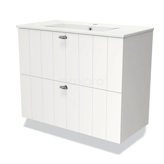 White bathroom unit with two drawers, vertical lines, ceramic vanity units with basin and chrome handles for a modern bathroom style.