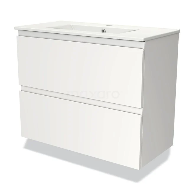 White bathroom cabinet with double drawers, sleek design, wall-mounted and integrated ceramic double basin.