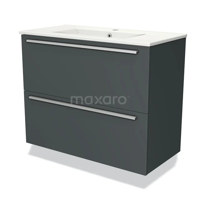 Dark grey bathroom unit with two drawers, white ceramic vanity units with basin and modern aluminium handles.