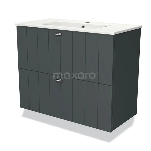 Dark grey vanity unit with vertical lines, two drawers and white ceramic basin. Perfect for a modern bathroom.