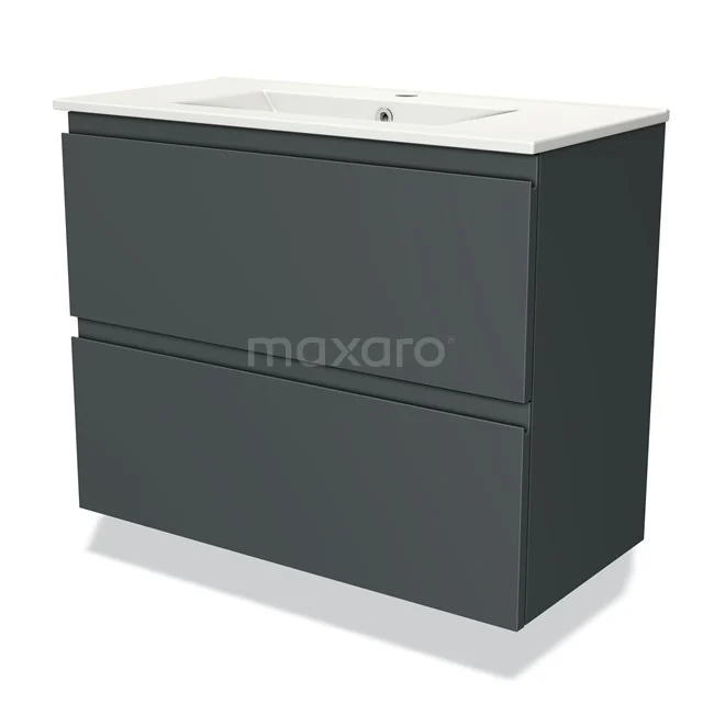 Donkergrijze badkamermeubelset met dubbele lade en witte wastafel, strak design van duurzame materialen voor moderne badkamers.