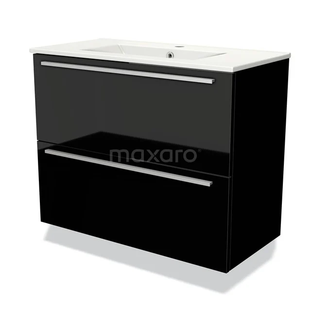 Schwarze Badmöbelset mit glänzender Oberfläche, weißem Waschbecken und zwei Schubladen für moderne Badezimmerlagerung.