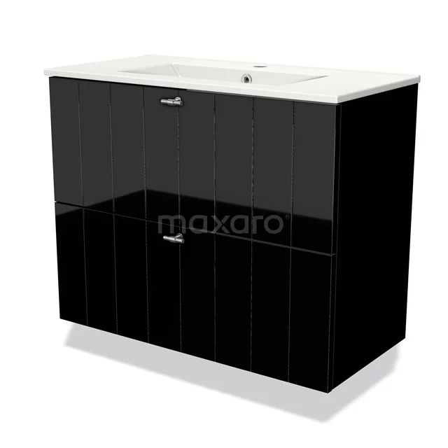 Modulo Slim Waschtische | 80 cm Hochglanz Schwarz Lamelle front Keramik 2 übereinanderliegende Schubladen BMW37-00657 Schwarz Hochglanz-Badmöbel mit weißem keramischen Waschbecken, moderne Optik, doppelte Schranktüren, perfekt für stilvolle Bäder.