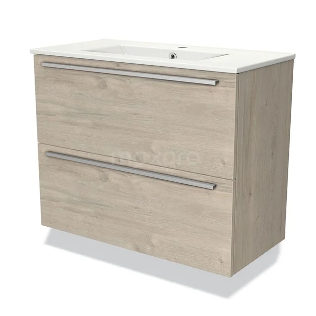 Houten badkamermeubel met twee lades en een witte keramische wastafel, ideaal voor moderne badkameropslag.