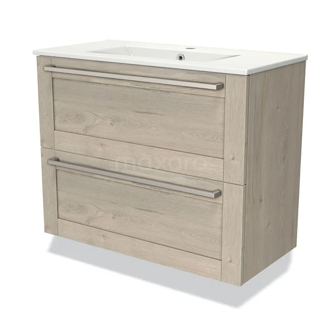Wooden bathroom unit with two drawers, light oak finish, integrated white vanity units with basin and chrome handles.