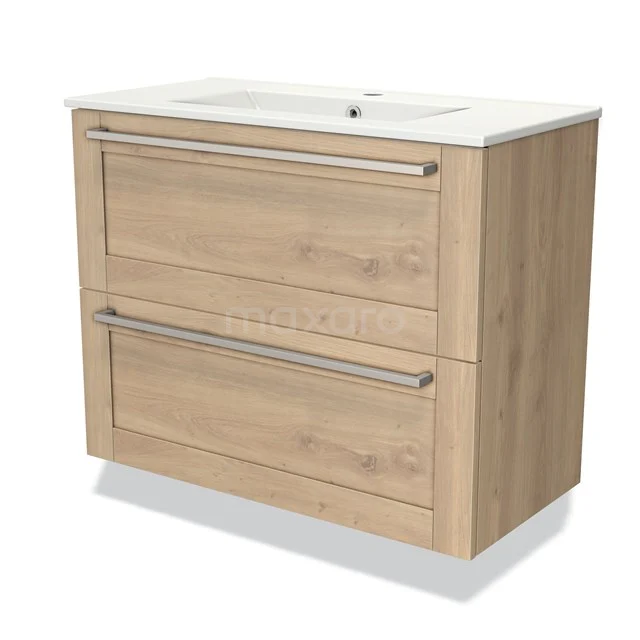 Wooden bathroom unit with light oak finish, two spacious drawers and integrated vanity units with basin; stylish and practical design.